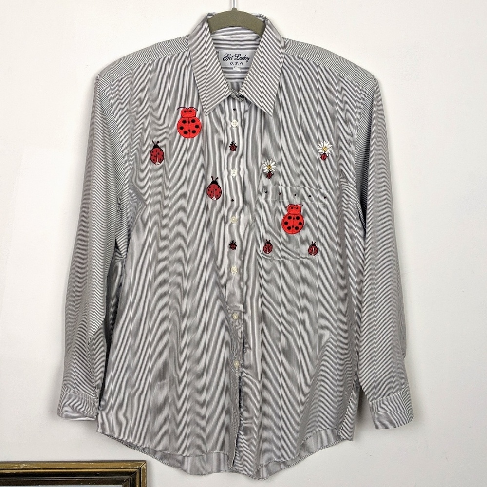 Lady Bug Pin Stripe Button Up w Bling